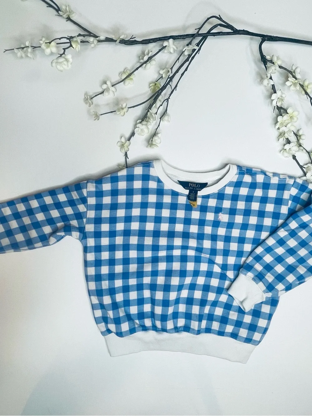 Polo by Ralph Lauren Blue & White Gingham Kids Crewneck Sweatshirt